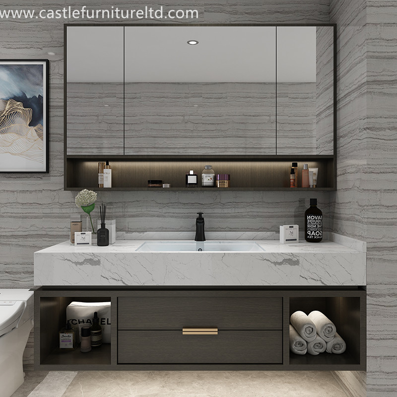 オークの浴室用キャビネットの組み合わせ北欧のシンプルな無垢材のキャビネットの浴室インテリジェントミラー浴室洗面うがいステージ大理石洗面台